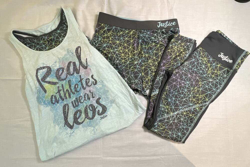Justice Girls Real Athletes Wear Leos Built-In Bra Tank Top and Shorts 3-Piece S